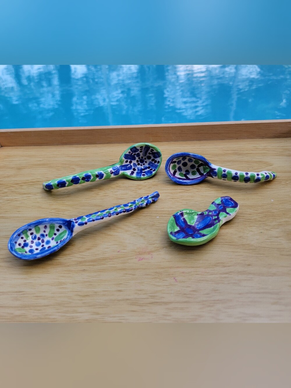 Beautiful Handmade and Handpainted Ceramic Spoons in Blue and Green - Set Of 4